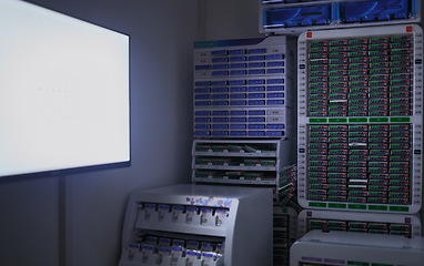 Image showing Optometry screen, vision or eyes test in dark empty room with mockup space, contacts store storage or mock up shelf. Eyecare, prescription or clinic technology for exam board, mock up or lens boxes