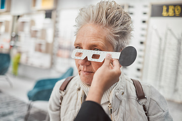 Image showing Optometry, measurement and doctor testing eyes of a woman for glasses, frame fitting and eye distance. Healthcare, medical and mature patient with an optometrist to measure vision, lens and eyesight