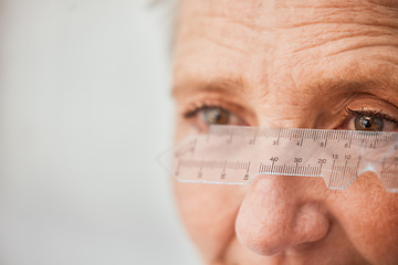 Image showing Ophthalmology, ruler and measuring with eyes of old woman for healthcare, medical and vision. Medicine, optometry and consulting with patient and test for lens, problem and optician in clinic