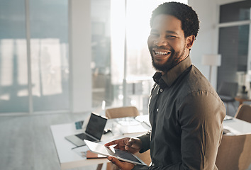 Image showing Business, portrait and smile of black man with tablet in office for research, internet browsing or web scrolling. Ceo, boss and happy male entrepreneur with technology laughing at meme in company.