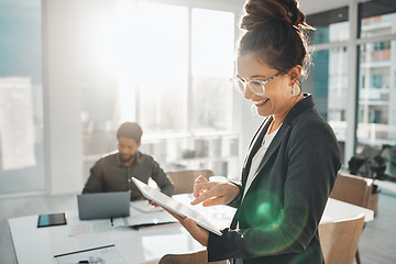 Image showing Business woman, tablet and smile for schedule planning, advertising or marketing at office. Happy female employee smiling with touchscreen for project plan, strategy or online research at workplace