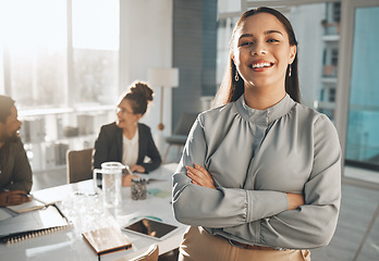 Image showing Portrait of proud business woman in office management, company face and happy for career opportunity and leadership. Professional worker or person workflow agenda, mission and job integrity