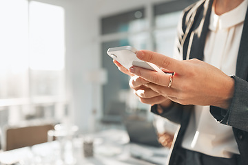 Image showing Business woman hands, phone text and mockup with a female employee on a mobile app. Office, corporate staff and online chat of a financial analytics worker on a cellphone reading website content