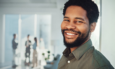 Image showing Face portrait, business smile and black man in office with mission and success mindset. Ceo, boss and happy, confident and proud male entrepreneur from Nigeria in professional company or workplace