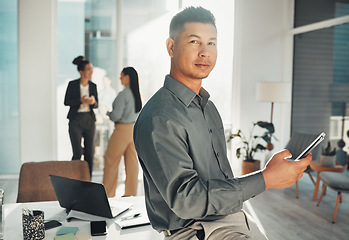 Image showing Businessman, portrait and leader with phone in office for planning, schedule and calendar management. Face, manager and male with smartphone for texting, app and web at startup in coworking space