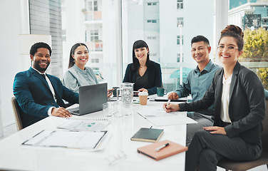 Image showing Happy, portrait and business people in meeting in office for planning, brainstorm and problem solving. Team, face and collaboration by group with diversity, idea and motivation for startup goal plan