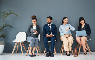 Image showing Recruitment, hiring and watch with business people in waiting room for schedule, hr or consulting. Job interview, networking and clock with employee for search, countdown or time with wall background