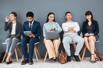 Image showing Recruitment, job interview and hr with business people in waiting room for schedule, time or consulting. Hiring, networking and clock with employee for search, countdown or watch with wall background