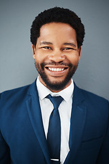 Image showing Portrait, business and smile of black man in office, studio and company with career, mission and success mindset. Ceo, boss face and happy, confident and proud male entrepreneur from Nigeria.