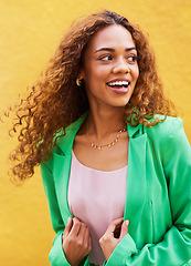 Image showing Happy, smile and fashion with black woman in city for freedom, beauty and glow. Cosmetics, confidence and youth with girl and yellow urban wall background for happiness, satisfaction and style