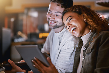 Image showing Music, happy and tablet with couple in recording studio for creative, lyrics planning and internet. Production, technology and social media with man and woman for musician, audio and songwriting