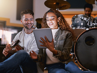 Image showing Creative, songwriter and tablet with black couple in recording studio for music, lyrics planning or internet. Production, technology and social media with man and woman for musician, audio or digital