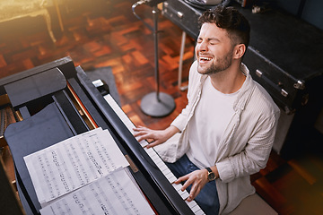 Image showing Top view, piano and man singing, creative and training for performance, show or talent. Male artist with skills, recording studio or singer with keyboard, vocal practice or playing musical instrument