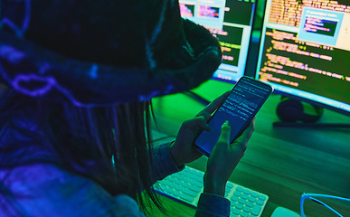 Image showing Search, computer or hacker woman on smartphone for cybersecurity, app coding or data analysis. Phone, networking or girl typing on tech for software code, programming or phishing dashboard review