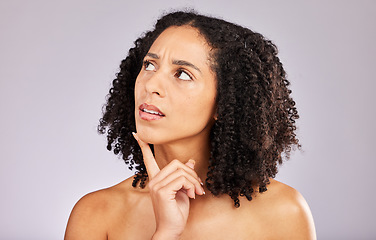 Image showing Black woman, thinking and skincare in studio with idea, confused and brainstorming with beauty. Young gen z model, healthy skin glow and ideas with girl focus, vision and wellness by gray background