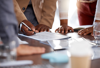 Image showing Hands, documents and meeting with a business man signing a contract in the office during a negotation. Accounting, collaboration or finance with a manager and employee group reading a checklist