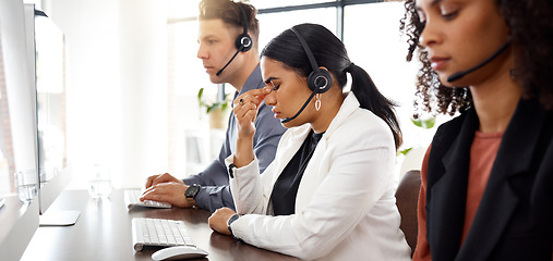 Image showing Call center stress, headache and telemarketing team with crm problem in a office with anxiety. Customer service, web support and burnout of a black woman employee working online on a help desk app