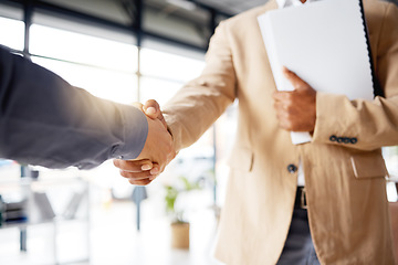 Image showing Handshake, contract deal and business partnership of a b2b meeting with shaking hands. Networking, hiring and professional negotiation of onboarding collaboration and congratulations of project