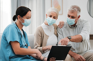 Image showing Covid results, life insurance data and senior couple with healthcare nurse in nursing home. Retirement plan, medical documents and mask of people together on a sofa reading policy and health report