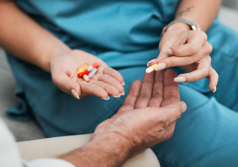 Image showing Pills, senior medication and man hands with a nurse and caregiver giving medicine at clinic. Retirement, nursing home and care of a healthcare, wellness and hospital worker with prescription drugs