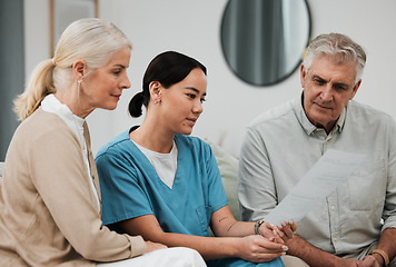 Image showing Senior couple, doctor and life insurance document questions for hospital and health paperwork. Asian woman, conversation and consulting survey in a wellness clinic with data and policy report