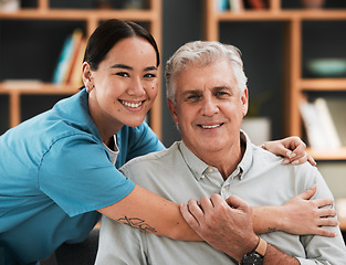 Image showing Asian nurse, senior man and hug in portrait with support, empathy and nursing home care for retirement. Doctor, elderly patient and kindness with solidarity, helping hand and excited face for embrace