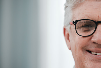 Image showing Glasses, senior smile and face portrait of a elderly man with mock up from vision check. Happy old person, retirement and nursing home resident feeling gratitude, happiness and relax in a house