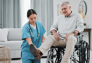 Image showing Wheelchair help, nursing home and man with injury or disability with nurse support. Wellness, healthcare and retirement of a elderly person with foot pain from a medical problem with caregiver