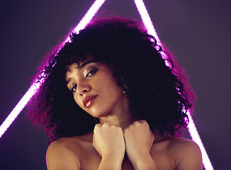 Image showing UV fashion, woman and beauty portrait in studio with purple neon light with makeup, cosmetics and self love. Face of aesthetic gen z model black person on grey background for natural art glow