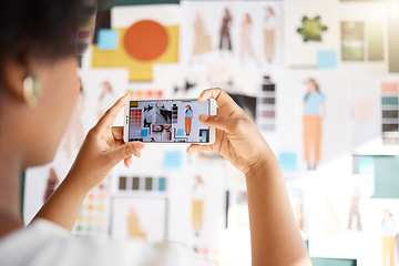 Image showing Woman hand taking picture of fashion designer moodboard, creative inspiration and planning a social media post. Artist or digital influencer photography, smartphone screen and clothes blog aesthetic