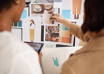 Image showing Fashion designer, planning and creative people for sketch, color palette and branding choice on moodboard. Artist clothes, production teamwork and employees with illustration or drawing for ecommerce