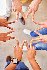 Image showing Shape, above and hands of business people in a star for team building, peace and support. Motivation, together and hands of employees with a sign for collaboration, friends and group solidarity