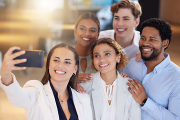 Image showing Selfie, group of people or office team in social media post, online diversity promotion and business photography. Happy professional friends, career influencer or gen z staff in a profile picture