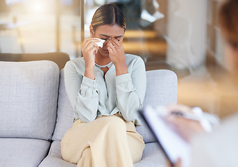 Image showing Mental health, woman and employee in therapy session, crying and conversation in office. Female, patient and lady on sofa, depression or counselling for stress, grief or loss with anxiety or recovery