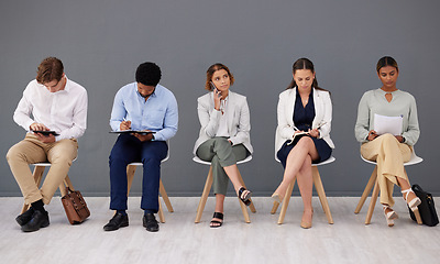 Image showing Preparation, planning and business people in a queue for an interview, meeting and recruitment. Planning, workforce and candidates waiting for hr, employment and opportunity as a group in an office