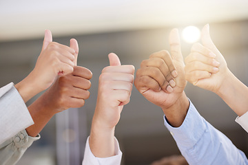 Image showing Hands, thumbs up and motivation with a business team in celebration of a goal, target or deal at work. Thank you, winner and collaboration with a group of people celebrating success in the office