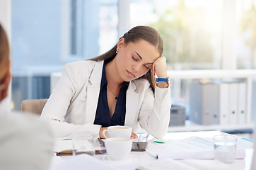 Image showing Business woman sleeping in meeting, office and desk with burnout, headache and stress. Tired, sad and worker asleep in company with fatigue, mental health crisis and depression of frustrated workload