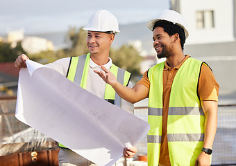 Image showing Engineer, employees and men with blueprints, construction site and conversation for planning, process and collaboration. Architecture, male manager and architect with paper and property development