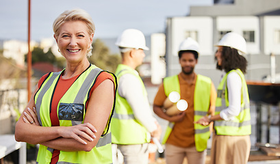 Image showing Senior architect woman, outdoor portrait and rooftop with leadership, smile and vision for property development. Elderly architecture expert, arms crossed or focus for happiness, team and career goal