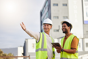 Image showing Tablet, teamwork or architecture with an engineer man and designer planning on a construction site. Architect, building and collaboration with men working together to design a development project