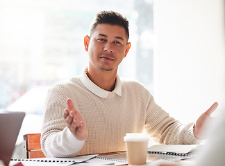 Image showing Interview, accounting and finance with a business man in the boardroom for a company financial meeting. Manager, welcome and accountant with a male employee sitting at his desk in the office