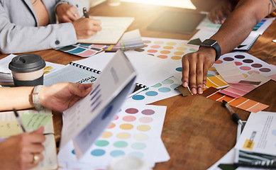 Image showing Hands, designer color and office teamwork for creative project in company workplace. Collaboration, cooperation and group of business people planning strategy with documents or paperwork in meeting.