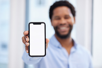Image showing Phone screen, mockup and man hand for business mobile app, ui ux design or product placement space. Website, social media person and online african professional show smartphone or cellphone mock up