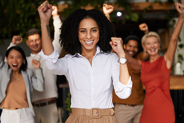 Image showing Black woman, party and business celebration at night for winning, success and achievement with leader. Diversity men and women together for company growth, bonus deal or goals cheering with hand fist