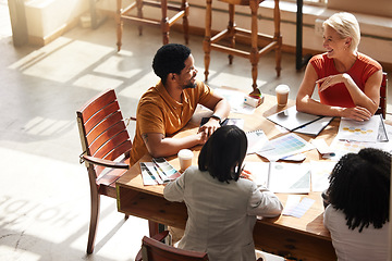 Image showing Planning, strategy and business people meeting for design, creative project and brainstorming. Happy, teamwork and employees laughing while in collaboration for an idea or plan for a company vision