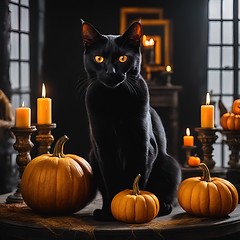 Image showing Halloween etude with a black cat and pumpkins