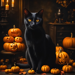 Image showing Halloween etude with a black cat and pumpkins