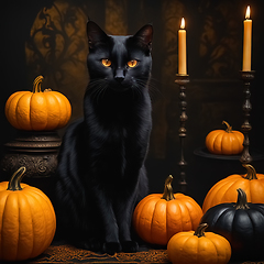 Image showing Halloween etude with a black cat and pumpkins