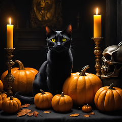 Image showing Halloween etude with a black cat and pumpkins