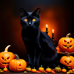 Image showing Halloween etude with a black cat and pumpkins